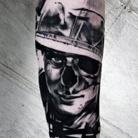 Mystical war themed half dead soldier portrait tattoo on arm