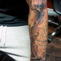 Natural looking 3D like black ink sleeve tattoo of money bill part