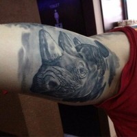 Natürlich aussehendes schwarzes und weißes Bizeps Tattoo mit Nashornkopf