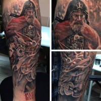 Natural looking colored cool forearm tattoo of medieval old horse rider