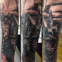 Natural looking colored dar lonely house tattoo on forearm with cemetery