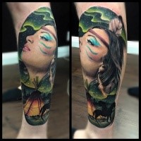 Natural looking colored leg tattoo of Indian woman with feather