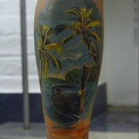 Natural looking colored leg tattoo of beautiful sea with ship