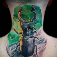 Natural looking colored neck tattoo of big bug with horns
