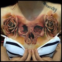 Natural looking colored rose flowers tattoo on chest with human skull