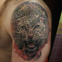 Natural looking colored shoulder tattoo of roaring leopard