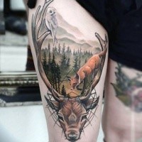 Natural looking colored thigh tattoo of wold life animals with deer