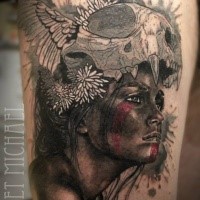 Natural looking colored thigh tattoo of Tribal woman with cat skull and cool flowers