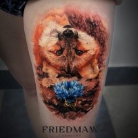 Natural looking colored thigh tattoo of funny fox with flower