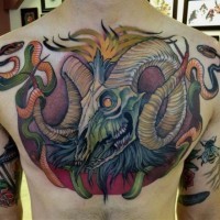 Natürlich aussehendes sehr detailliertes farbiges und farbiges Brust Tattoo mit tierischem Schädel und Schlangen