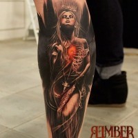 Natural looking colored very detailed leg tattoo of dark angel woman