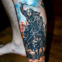 Natural looking colorful leg tattoo of medieval knights on horses