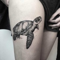Natural looking detailed 3D thigh tattoo of cute turtle