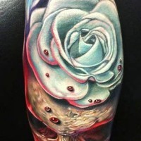 naturale dettagliato e colorato grande rosa su cranio tatuaggio su gamba