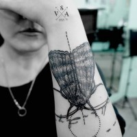 Natürlich aussehendes detailliertes schwarzes Insekt Tattoo am Arm