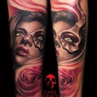 Natural looking detailed forearm tattoo of woman with mask and rose flower