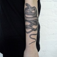 Tatuaje en el antebrazo, serpiente grácil muy larga, colores negro y blanco