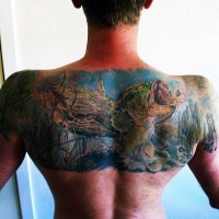 Natural looking multicolored gorgeous hooked fish tattoo on upper back