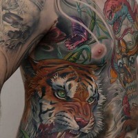 Natural looking very beautiful colored angry tiger tattoo on chest combined with butterfly and snake