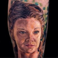 Natural looking very detailed and colored forearm tattoo of Game of Thrones woman hero portrait