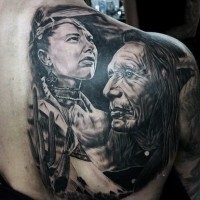 Natural looking very detailed black and white massive upper back and shoulder tattoo of old Indians portraits