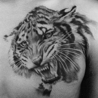 Natürlich aussehendes sehr detailliertes Brust Tattoo mit brüllendem Tigerkopf
