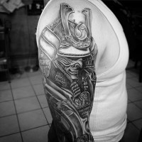 Natural looking very detailed colored sleeve tattoo of beautiful Asian samurai