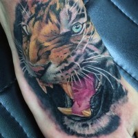 Natürlich aussehender sehr detaillierter bunter brüllender Tiger Tattoo am Fuß