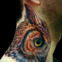 Naturally colored 3D realistic lifelike owl super detailed neck tattoo