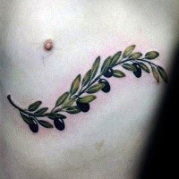 Naturally colored olive branch with olives tattoo on man's chest