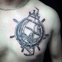 Nautical style gray washes style big chest tattoo of sailing ship with steering wheel and anchor
