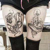 Tatuaje en el muslo, tema marino, pulpo  y faro con ballena