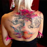 Nautical themed big colored mystical tattoo on upper back