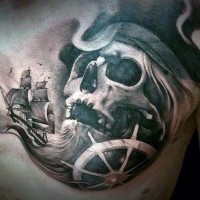 Nautical themed black and white pirate skull with ship tattoo on chest