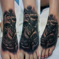 Nautical themed black ink detailed anchor with skull and octopus on foot