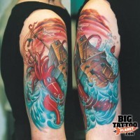 Nautical themed colored shoulder tattoo of sailing ship and squid