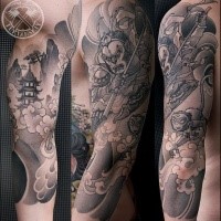 Neo japanese style black ink half sleeve tattoo of monkey fighter with old temple