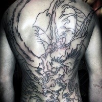 Neo japanese style black ink whole back tattoo of evil dragon