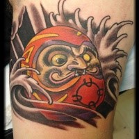 Neo japanese style colored arm tattoo of daruma doll with waves
