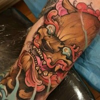 Neo japanese style colored arm tattoo of mystical demon