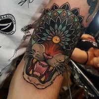 Neo japanese style colored arm tattoo of lion head with cute helmet