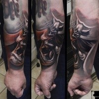 Neo japanese style colored forearm tattoo of samurai mask