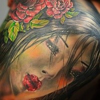Neo japanese style colored sad geisha tattoo with flower