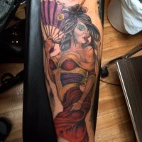 Neo japanese style colored sexy geisha tattoo on arm