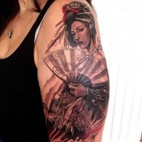 Neo Japanese style colored shoulder tattoo of geisha with big fan