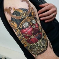 neo japanese style colored shoulder tattoo of cool samurai mask