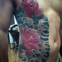 Neo japanese style colored side tattoo of beautiful flowers and fog