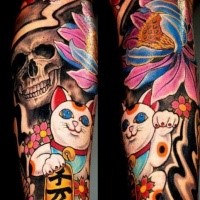 Neo japanese style colored sleeve tattoo of maneki neko japanese lucky cat with human skull