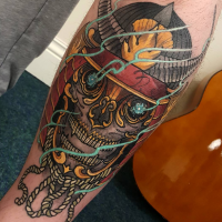 Neo japanese style colored tattoo of demonic samurai skull