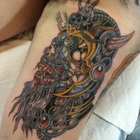 Neo japanese style colored thigh tattoo of demonic warrior with horns